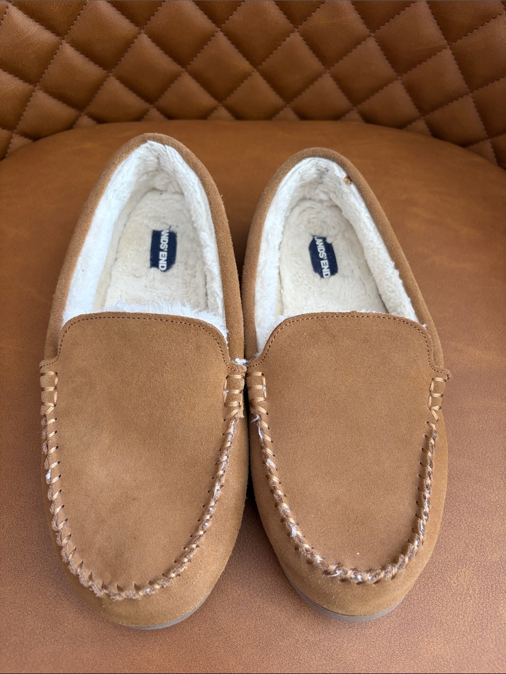 Lands' End Men's Tan Suede Fleece-Lined Moccasin Slip-Ons